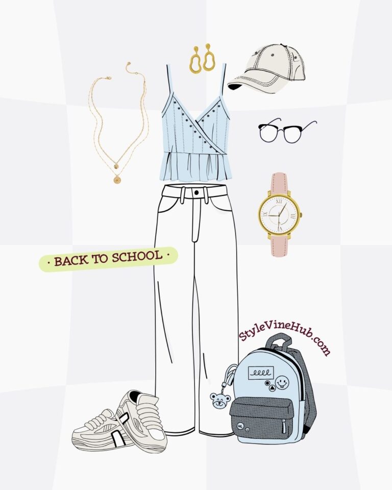 Trendy back-to-school outfits laid out with sneakers, jeans, and accessories, perfect for a confident and fashionable return to class.