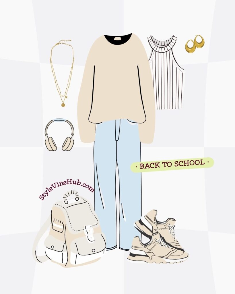 Trendy back-to-school outfits laid out with sneakers, jeans, and accessories, perfect for a confident and fashionable return to class.