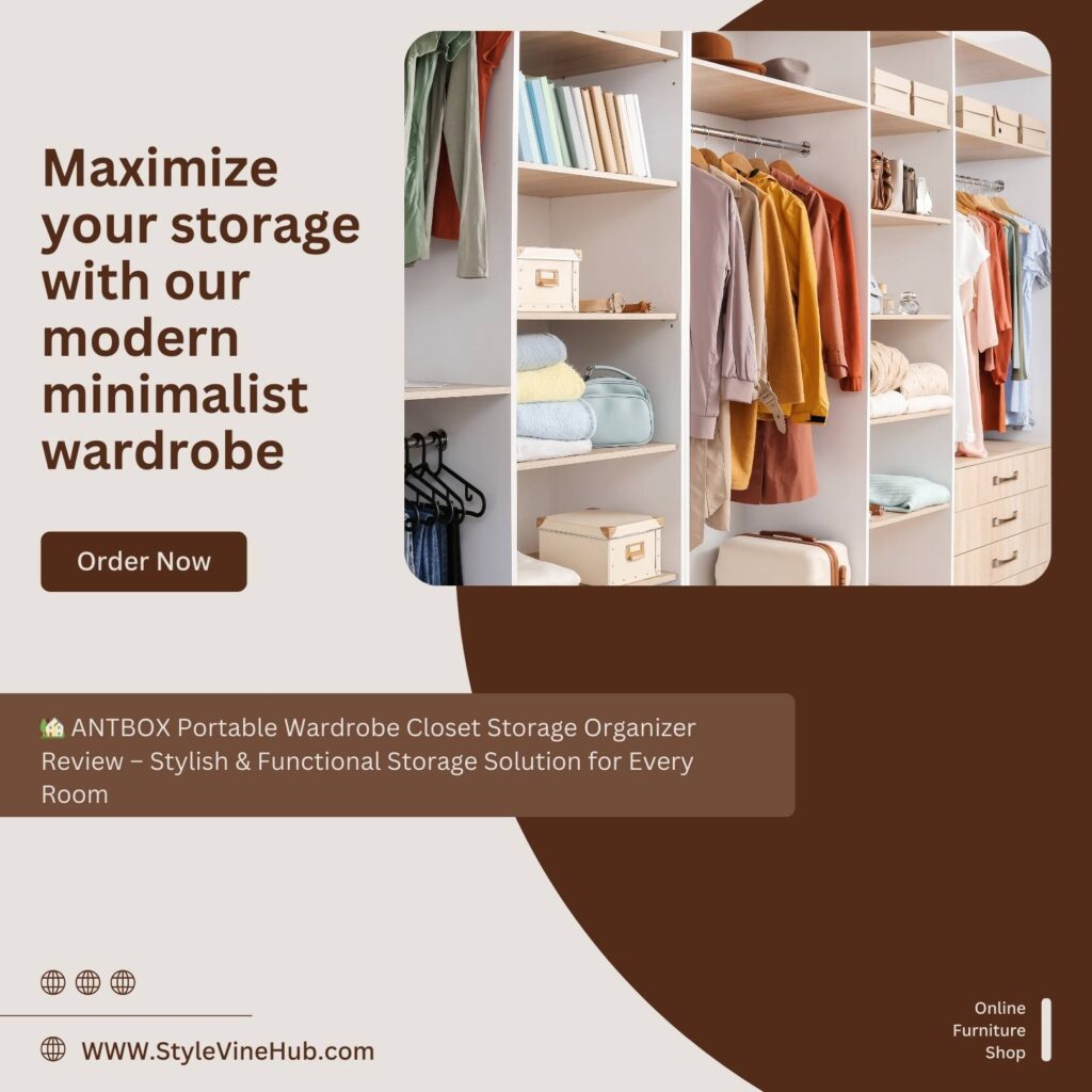 ANTBOX portable wardrobe closet storage organizer with transparent door panels, magnetic closure, and 3 hanging rods for bedrooms, living rooms, or small spaces.