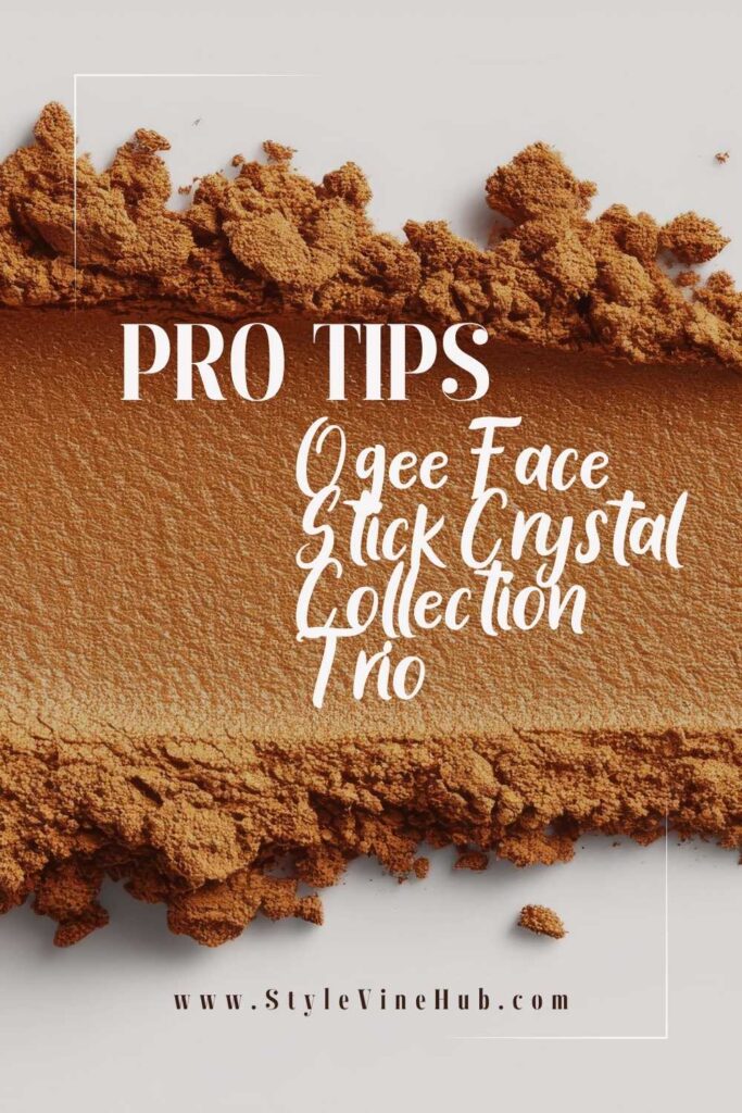 Ogee Face Stick Crystal Collection Trio featuring organic contour, blush, and highlighter sticks displayed neatly on a vanity surface.