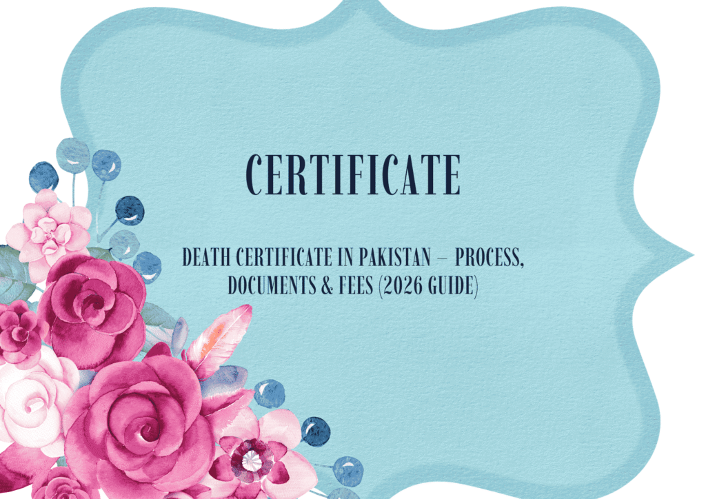 Death certificate process in Pakistan 2026 showing required documents and official fees